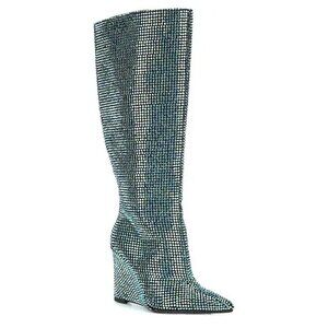 NEW Gianni Bini GaborTwo Wide Calf Multi Rhinestone Pointed Toe Tall Wedge Boots